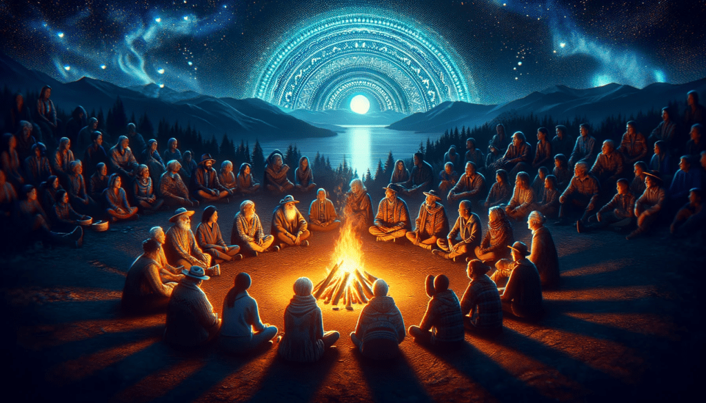 Experience the harmonious blend of tradition and innovation with our image of elders imparting wisdom to the youth around a campfire, underscored by ethereal digital symbols that speak to the future of cultural storytelling