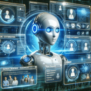 An image depicting a sophisticated AI chatbot in a dynamic, digital customer service setting, representing real-time response and personalized interaction, perfect for illustrating the cutting-edge customer service solutions by Vision Studios.