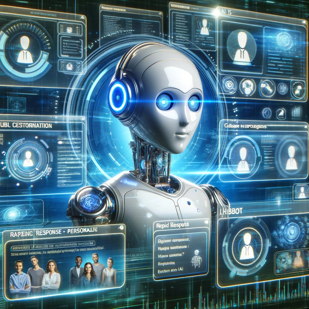 An image depicting a sophisticated AI chatbot in a dynamic, digital customer service setting, representing real-time response and personalized interaction, perfect for illustrating the cutting-edge customer service solutions by Vision Studios.