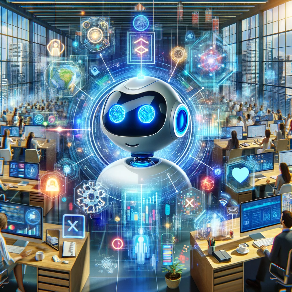 A visually engaging image of an AI chatbot at the heart of a dynamic business environment, illustrating its role in streamlining operations and enhancing efficiency, perfectly embodying Vision Studios' approach to operational excellence.
