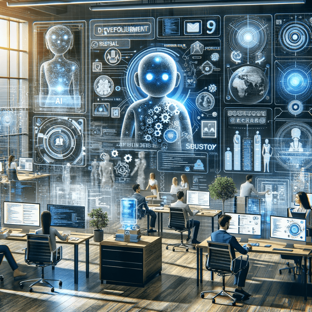 Dive into the intricate process of building a business chatbot with our detailed image. It showcases a team of designers and engineers collaboratively working on integrating AI technology and user-centric design. Visible are elements like coding, AI algorithms, and interface sketches, set against a backdrop of strategic planning and innovation. This visualization captures the essence of meticulous planning and cutting-edge technology in chatbot development, highlighting the synergy between creativity and strategy in crafting effective business solutions.